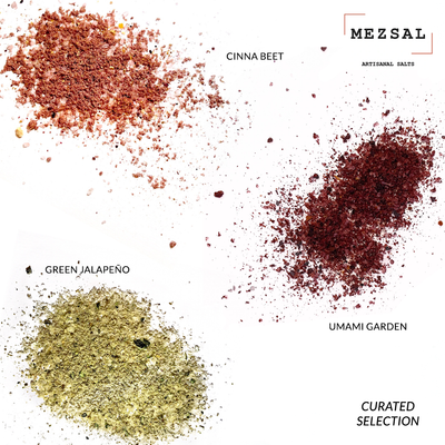 detail of salts: Cinna Beet, Umami Garden, Green Jalapeño