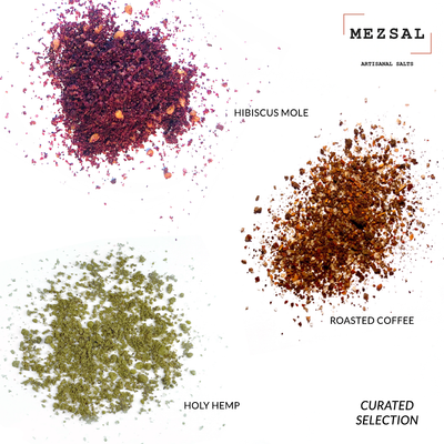 detail of salts: Hibiscus Mole, Magic Coffee, Holy Hemp