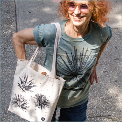 Natural canvas tote bags with six different agave plants printed with black ink on the front and back