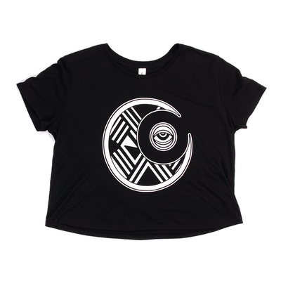 Black crop tshirt with a white abstract design of the moon