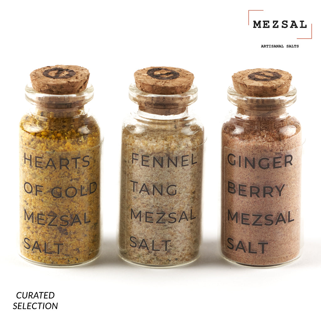 1oz jars of mezsal artisanal salts: Hearts of Gold, Fennel Tang, Ginger Berry