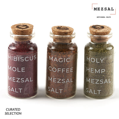 1oz jars of mezsal artisanal salts, Hibiscus Mole, Magic Coffee, Holy Hemp