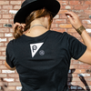 small logo on the back of the black crop tee