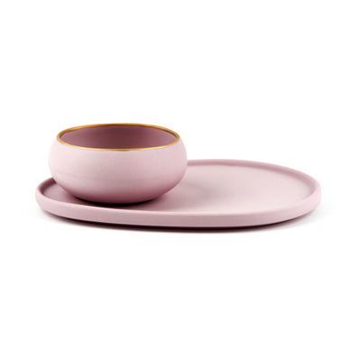 Side view of our mezcal copita and plate set in lavender porcelain