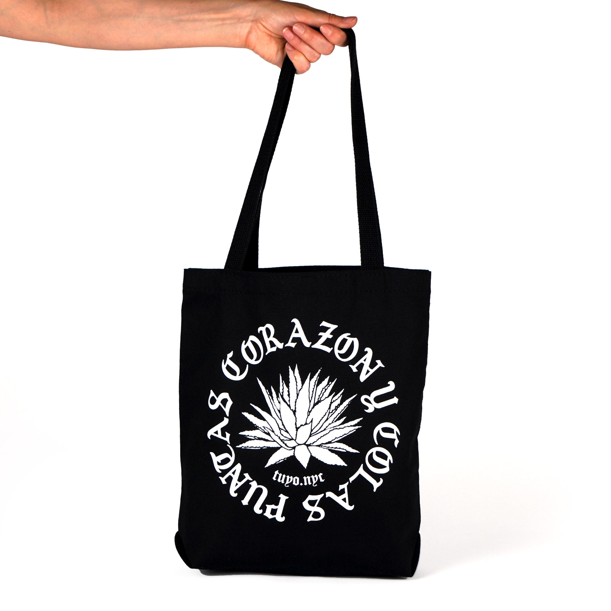 Mezcal tote bag black canvas with a white agave and the words Puntas, Corazon y Colas
