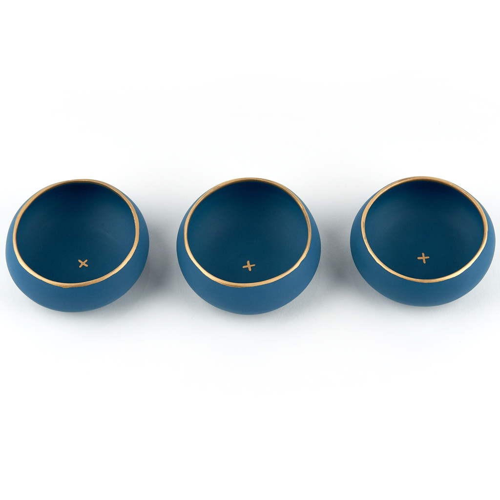 set of three dark sea green and gold copitas for drinking mezcal